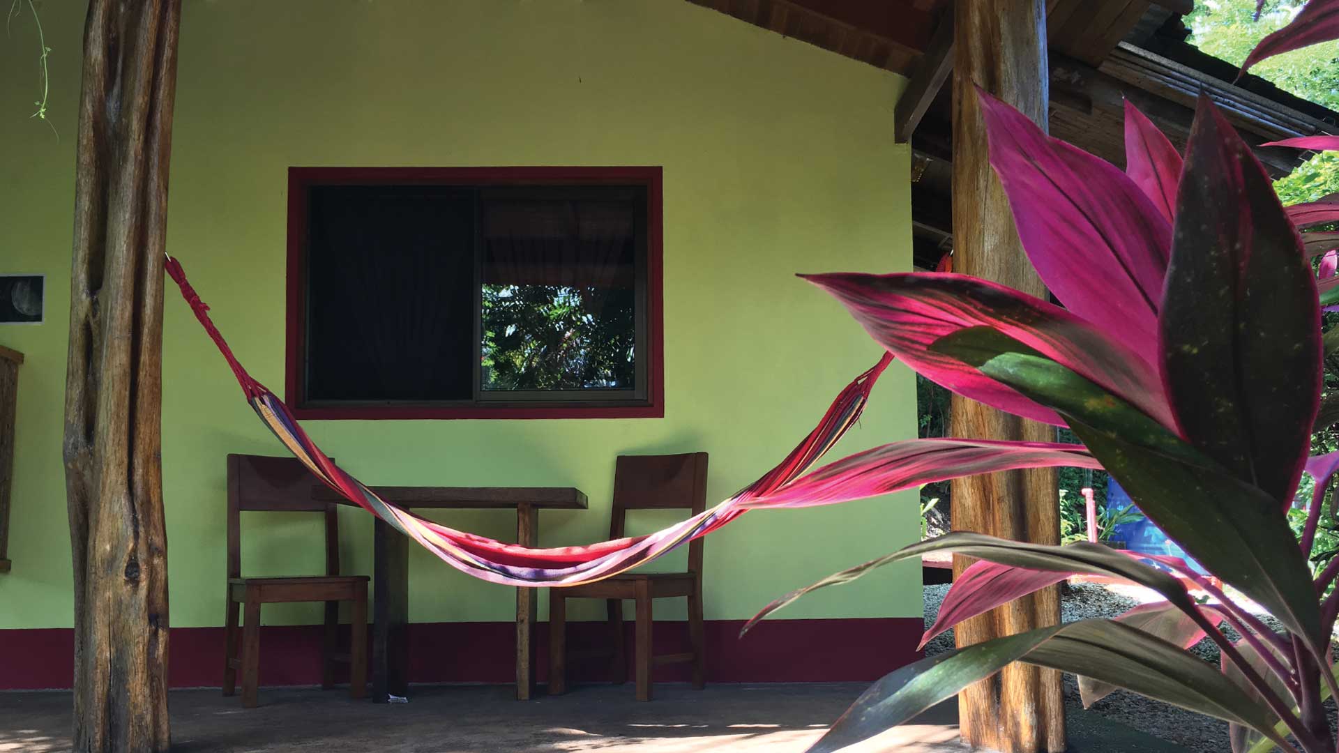 Purple plant and hammock, table, and chairs on patio of room at boutique hotel Indra Inn in Playa Grande, Costa Rica