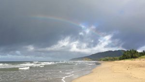 Rainbow over waves, sandy beach, and palm trees at Playa Grande in Guanacaste, Costa Rica