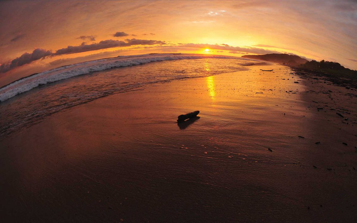 Fisheye orange sunset reflects off the wet sand in Playa Grande, Costa Rica